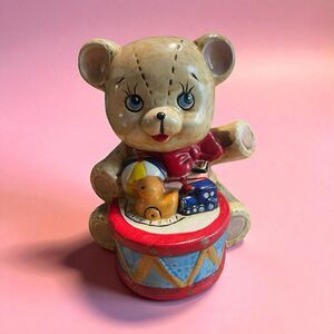 ENESCO Teddy Bear W/ Toys Drum Coin Bank COLORFUL Train 1981 VTG 5.5”